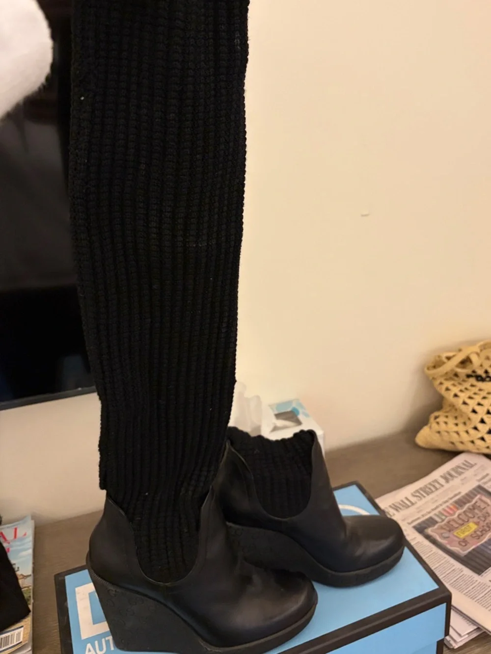 Gucci Guccissima Embossed Leather & Ribbed Knit Wedge Boots